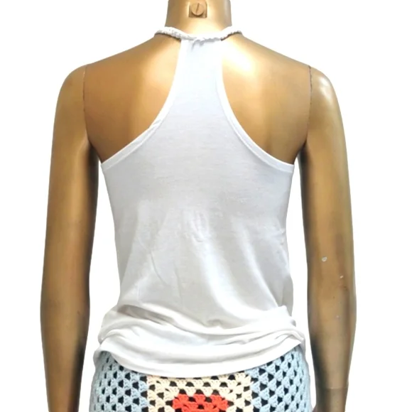 White Tank Top Fringe Racer back Festival Summer Top Short Sleeve Halter Top - Picture 4 of 8